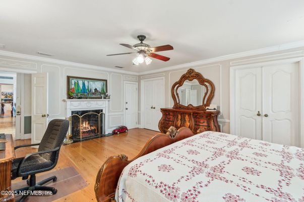 Bedroom, Fireplace, Interior, Wood Texture Flooring