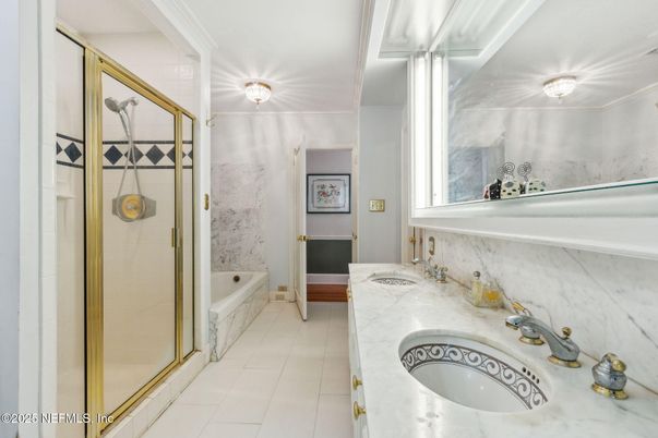 Bathroom, Dual Sink Vanities, Glass Shower, Interior, Marble Walls