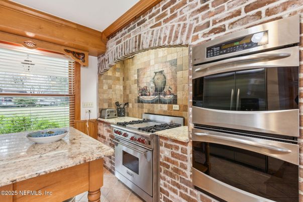 Interior, Kitchen, Stainless Steel Appliances, Stone Walls