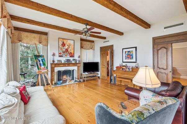 Fireplace, Interior, Living room, Wooden Beams, Wood Texture Flooring