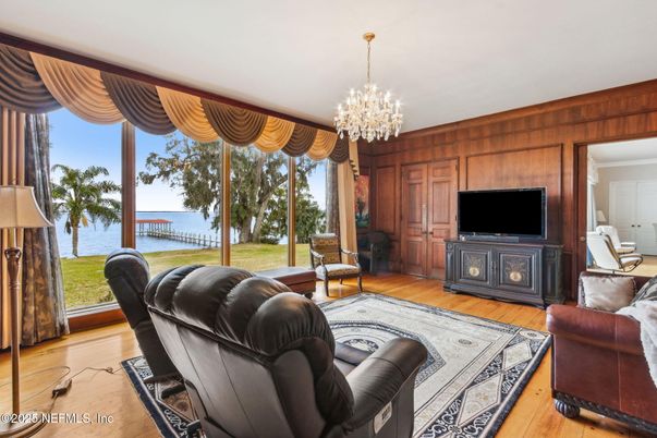 Chandelier, Interior, Living room, Water, Wood Texture Flooring, Wooden Walls