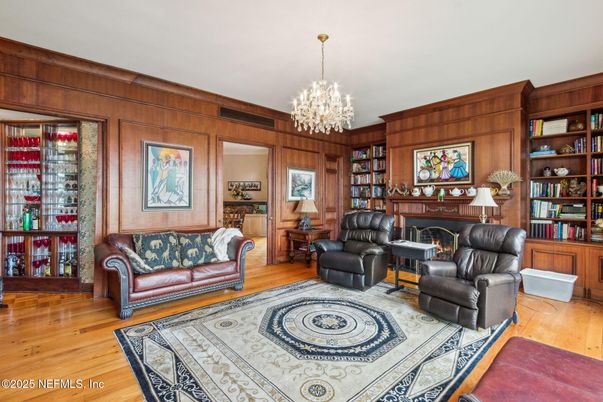 Chandelier, Fireplace, Interior, Living room, Wood Texture Flooring, Wooden Walls