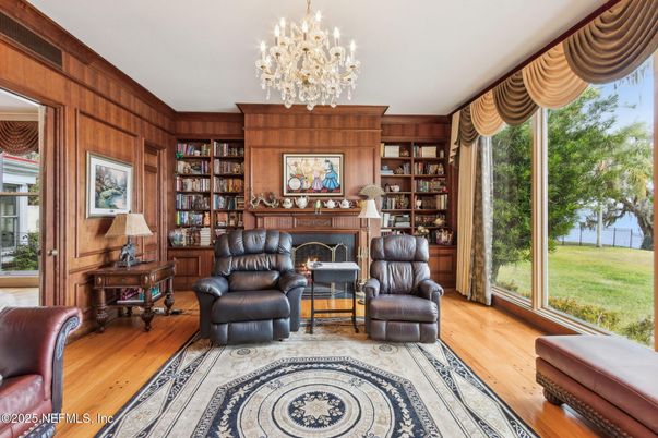 Chandelier, Fireplace, Interior, Wood Texture Flooring, Wooden Walls