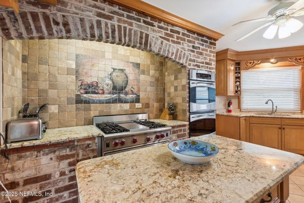 Interior, Kitchen, Stainless Steel Appliances, Stone Walls