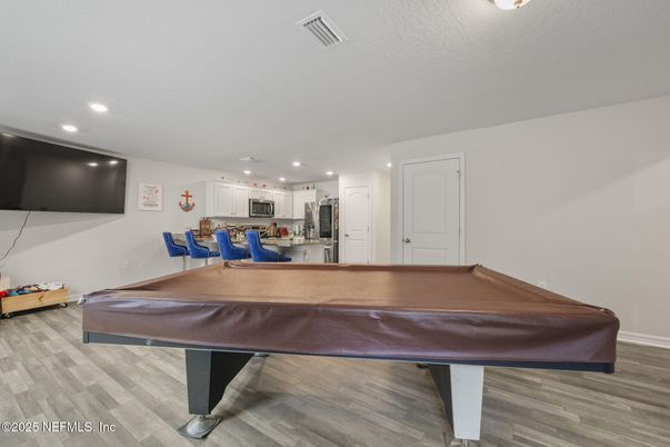 Billiard Table, Game Room, Interior, Kitchen, Recessed Lighting, Wood Texture Flooring