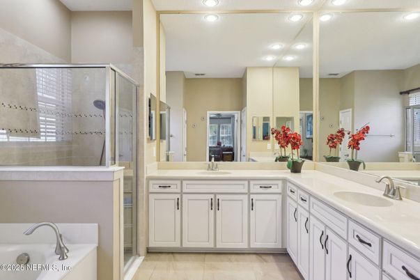 Bathroom, Dual Sink Vanities, Glass Shower, Interior, Recessed Lighting