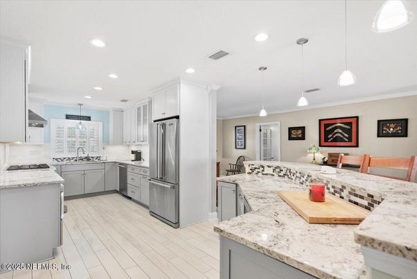 Interior, Kitchen, Pendant Lights, Recessed Lighting, Stainless Steel Appliances, Wood Texture Flooring
