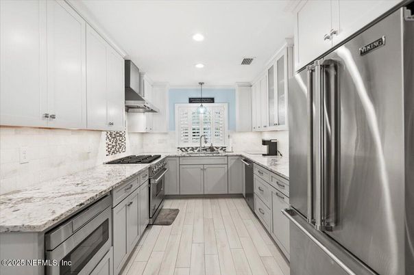 Interior, Kitchen, Pendant Lights, Recessed Lighting, Stainless Steel Appliances, Wood Texture Flooring