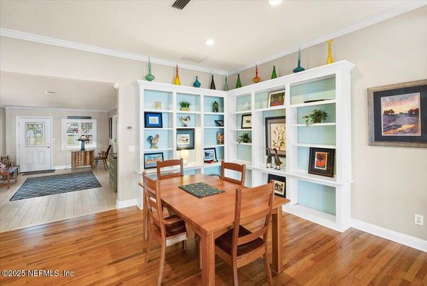 Dining room, Interior, Recessed Lighting, Wood Texture Flooring
