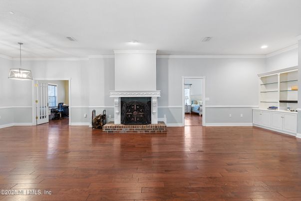 Empty room, Fireplace, Interior, Pendant Lights, Recessed Lighting, Wood Texture Flooring