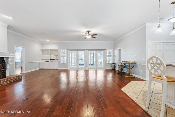 Empty room, Fireplace, Interior, Pendant Lights, Recessed Lighting, Wood Texture Flooring