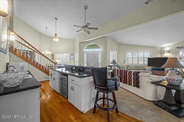 Interior, Kitchen, Living room, Pendant Lights, Wood Texture Flooring