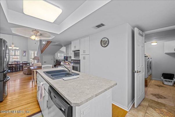 Dining room, Interior, Kitchen, Living room, Pendant Lights, Wood Texture Flooring