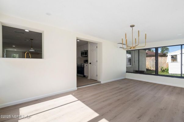 Empty room, Interior, Kitchen, Pendant Lights, Recessed Lighting, Wood Texture Flooring