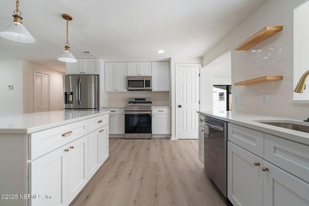 Interior, Kitchen, Pendant Lights, Recessed Lighting, Stainless Steel Appliances, Wood Texture Flooring