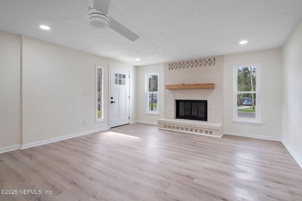 Empty room, Fireplace, Interior, Recessed Lighting, Wood Texture Flooring