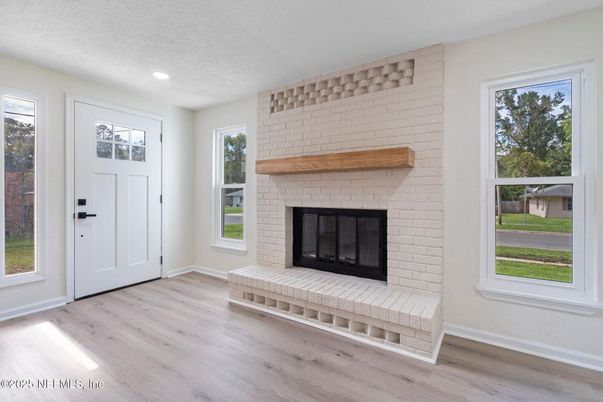 Fireplace, Interior, Recessed Lighting, Wood Texture Flooring