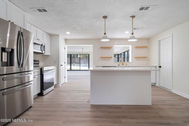 Interior, Kitchen, Pendant Lights, Recessed Lighting, Stainless Steel Appliances, Wood Texture Flooring