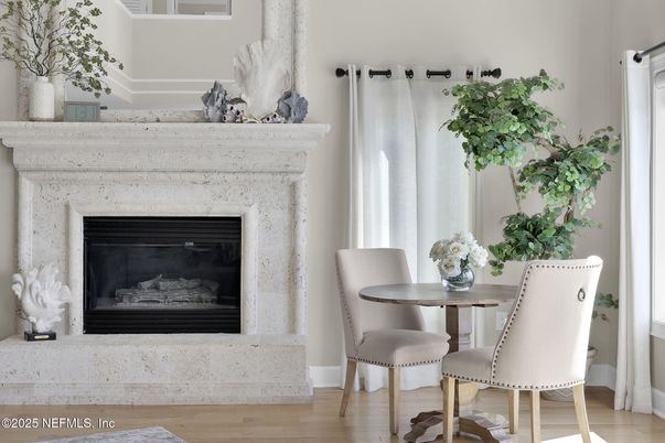 Dining room, Fireplace, Interior, Wood Texture Flooring