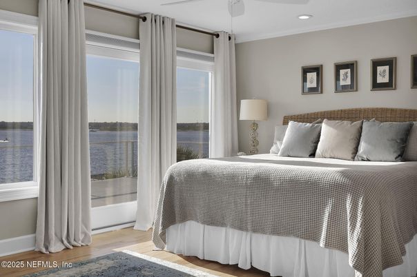 Bedroom, Interior, Recessed Lighting, Water, Wood Texture Flooring