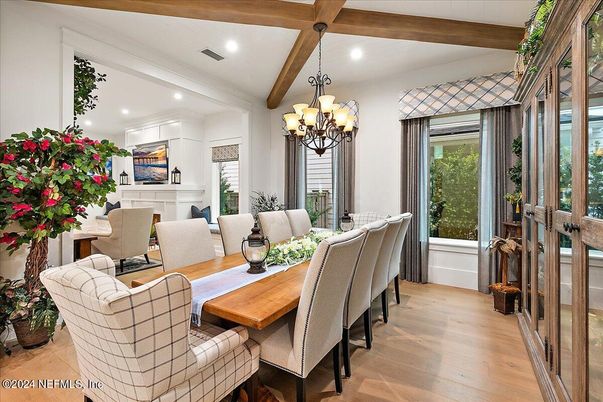 Chandelier, Dining room, Interior, Recessed Lighting, Wooden Beams, Wood Texture Flooring