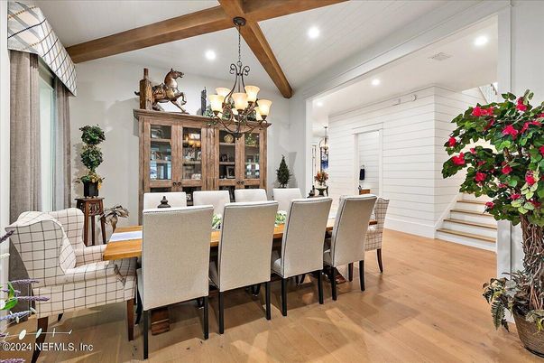 Chandelier, Dining room, Interior, Recessed Lighting, Wooden Beams, Wood Texture Flooring