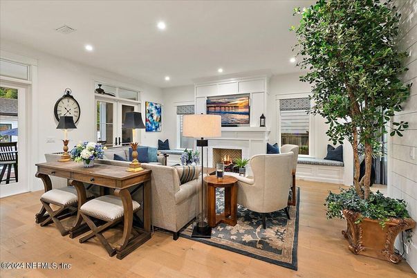 Fireplace, Interior, Living room, Recessed Lighting, Wood Texture Flooring