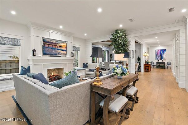 Fireplace, Interior, Living room, Recessed Lighting, Wood Texture Flooring