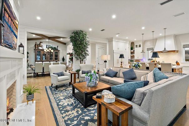 Dining room, Fireplace, Interior, Kitchen, Living room, Pendant Lights, Recessed Lighting, Wood Texture Flooring