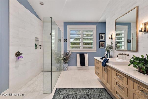 Bathroom, Dual Sink Vanities, Glass Shower, Interior, Recessed Lighting