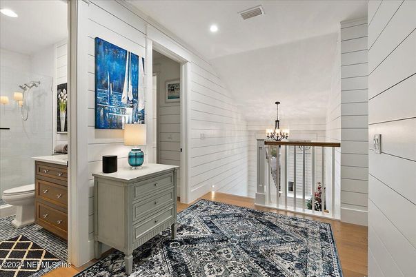 Bathroom, Chandelier, Interior, Recessed Lighting, Wood Texture Flooring