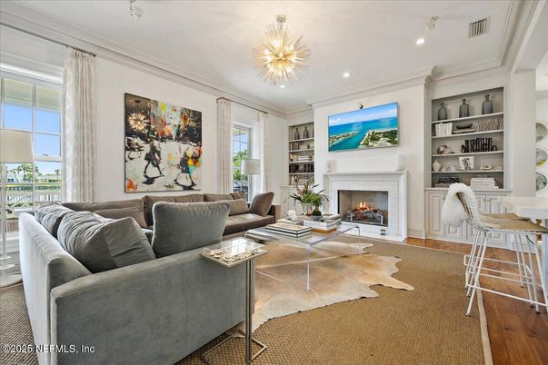 Fireplace, Interior, Living room, Recessed Lighting, Wood Texture Flooring