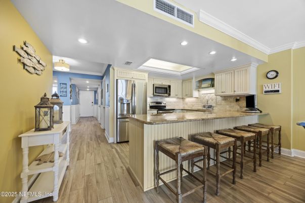 Interior, Kitchen, Recessed Lighting, Stainless Steel Appliances, Wood Texture Flooring