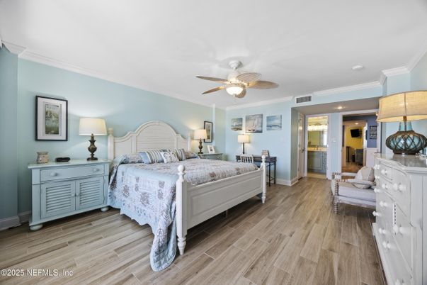 Bedroom, Interior, Recessed Lighting, Wood Texture Flooring