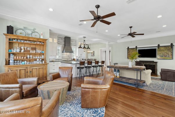 Fireplace, Interior, Kitchen, Living room, Pendant Lights, Recessed Lighting, Wood Texture Flooring