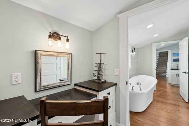 Bathroom, Free Standing Baths, Interior, Recessed Lighting, Wood Texture Flooring