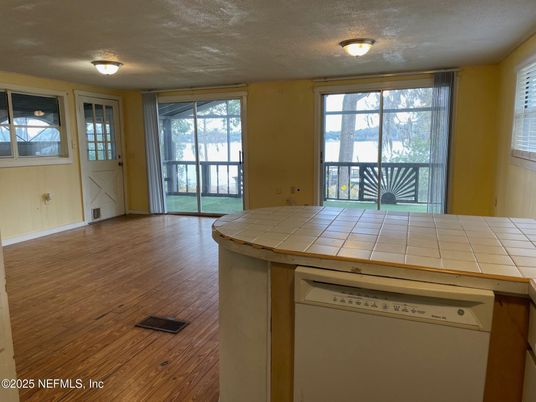 Interior, Kitchen, Tile Countertops, Wood Texture Flooring