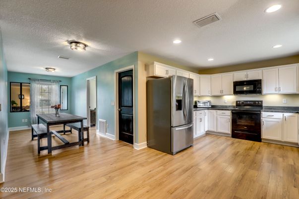 Dining room, Interior, Kitchen, Recessed Lighting, Wood Texture Flooring