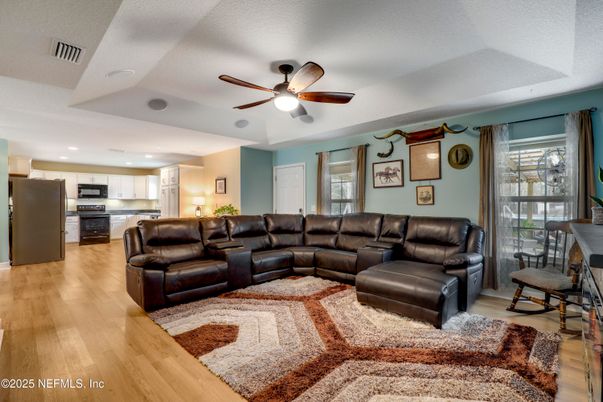 Interior, Kitchen, Living room, Recessed Lighting, Stainless Steel Appliances, Wood Texture Flooring