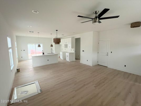 Empty room, Interior, Kitchen, Pendant Lights, Recessed Lighting, Wood Texture Flooring