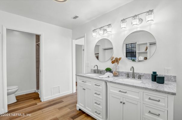 Bathroom, Dual Sink Vanities, Interior, Wood Texture Flooring