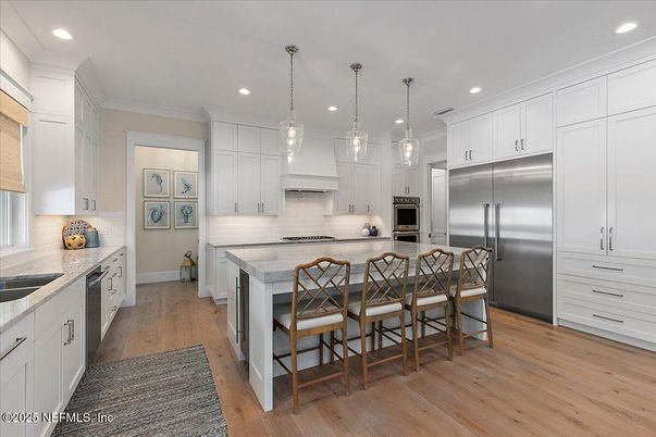Interior, Kitchen, Pendant Lights, Recessed Lighting, Stainless Steel Appliances, Wood Texture Flooring