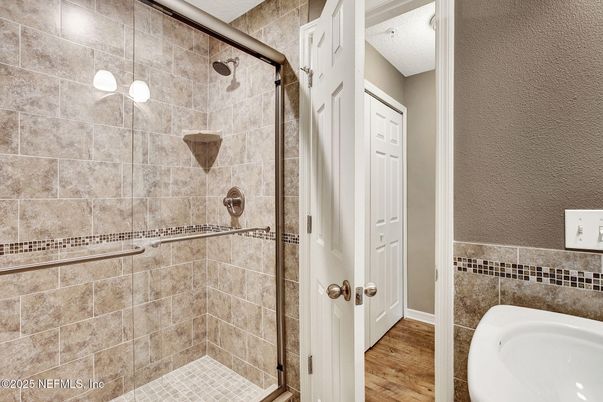 Bathroom, Glass Shower, Interior, Wood Texture Flooring