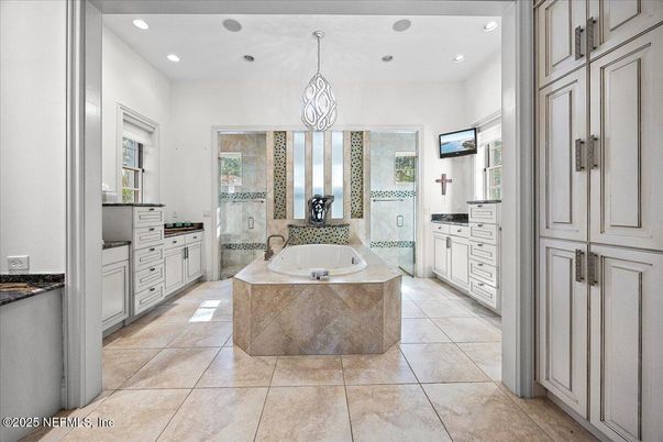 Bathroom, Dual Sink Vanities, Glass Shower, Interior, Pendant Lights, Recessed Lighting