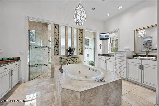 Bathroom, Dual Sink Vanities, Glass Shower, Interior, Pendant Lights, Recessed Lighting