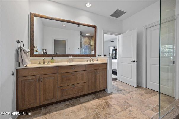 Bathroom, Dual Sink Vanities, Glass Shower, Interior, Recessed Lighting