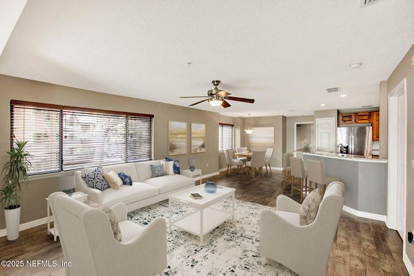 Dining room, Interior, Kitchen, Living room, Recessed Lighting, Stainless Steel Appliances, Wood Texture Flooring