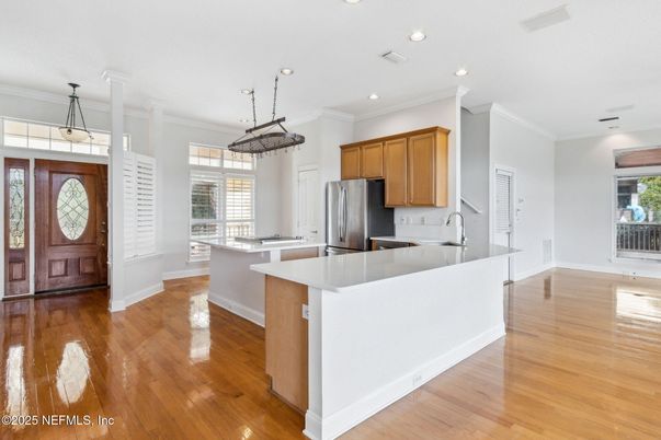 Interior, Kitchen, Pendant Lights, Recessed Lighting, Wood Texture Flooring