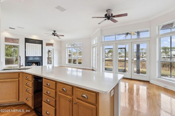Fireplace, Interior, Kitchen, Recessed Lighting, Wood Texture Flooring