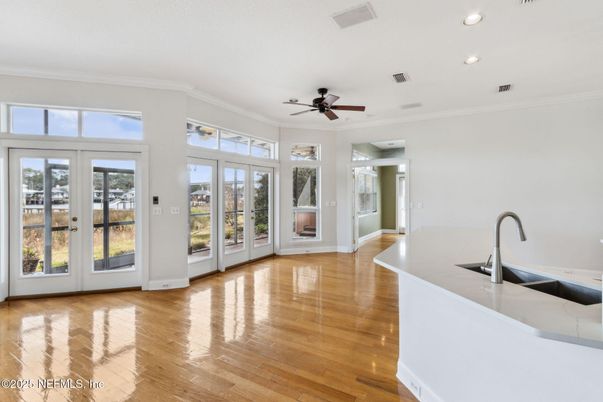 Empty room, Interior, Kitchen, Recessed Lighting, Wood Texture Flooring